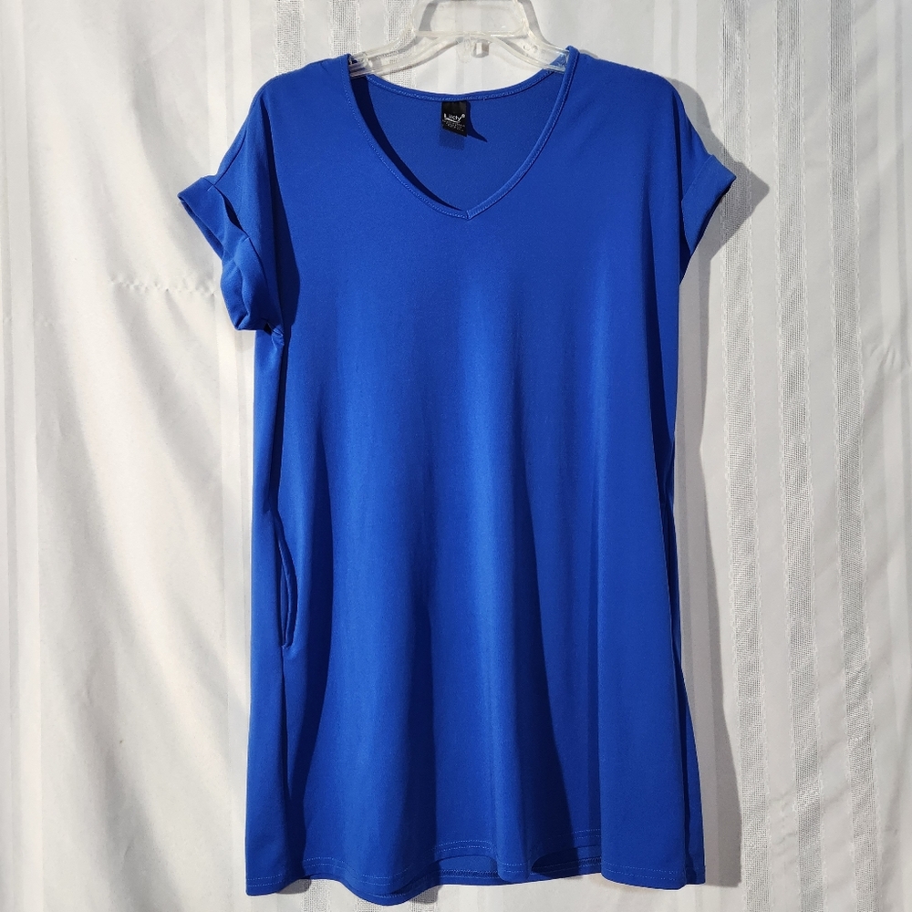 LILDY BLUE SOLID SHORT SLEEVE POCKET SWING TUNIC, LOOSE CASUAL STRETCH SIZE S/M